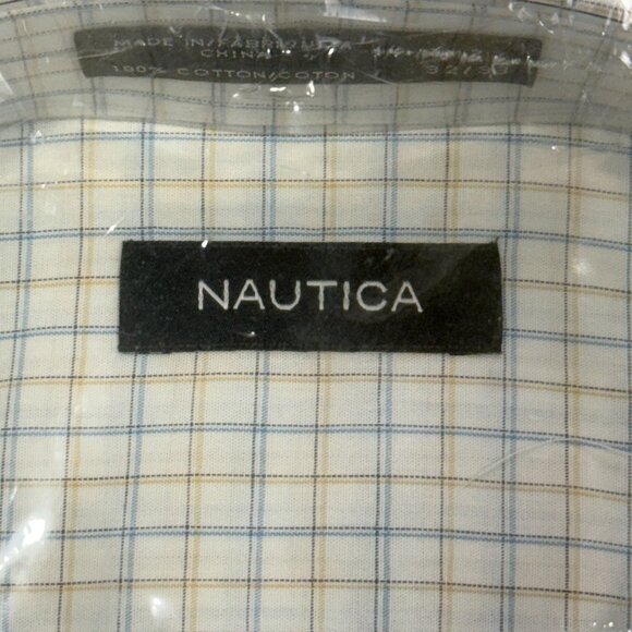 Nautica Mens Dress Shirt 100% Cotton White & Blue Plaid Button-Up Size 17 32/33 - Picture 5 of 7